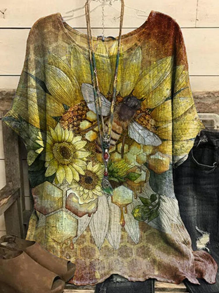 Cotton Linen Vintage Bee Flower Casual Short Sleeve Tee