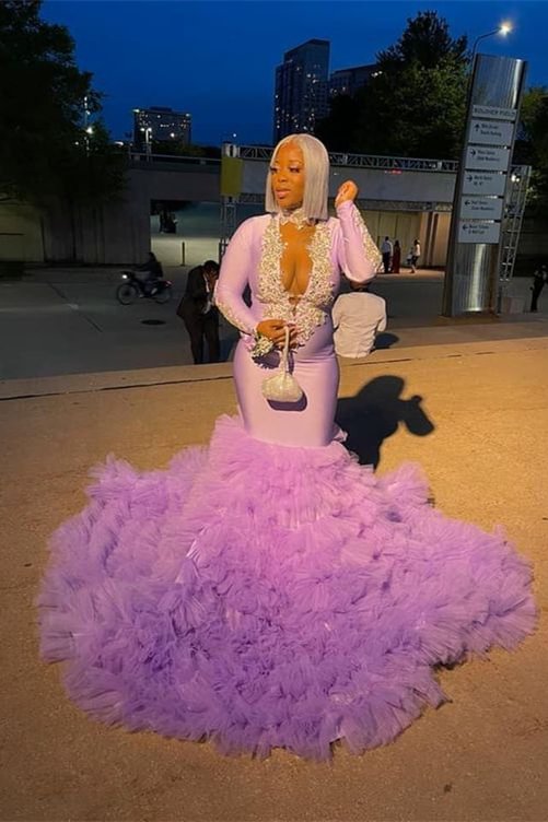 Sexy Lilac Mermaid Appliques Prom Dress With Long Sleeves | Ballbellas Ballbellas