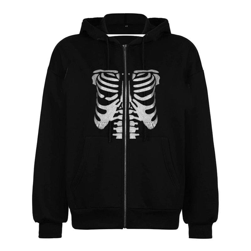Xingqing Women Y2K Zip Up Hooded Sweatshirt Skeleton Graphic Hoodie Vintage 90s E-Girl Harajuku Goth Aesthetic Shirt with Pocket
