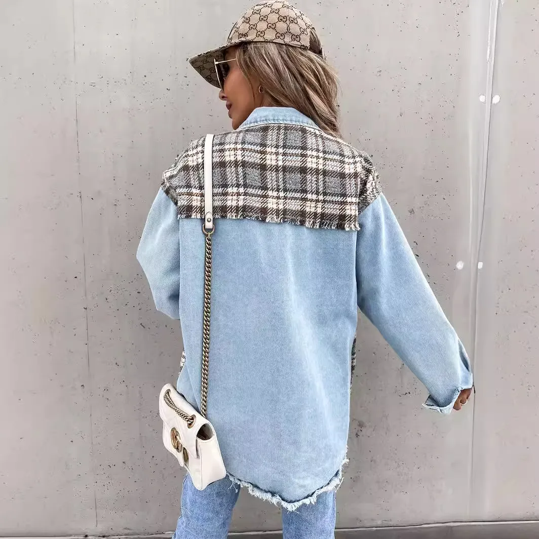 Churchf Churchf / Summer 2024 Wish New Denim Patchwork Plaid Jacket Baggy Top Female