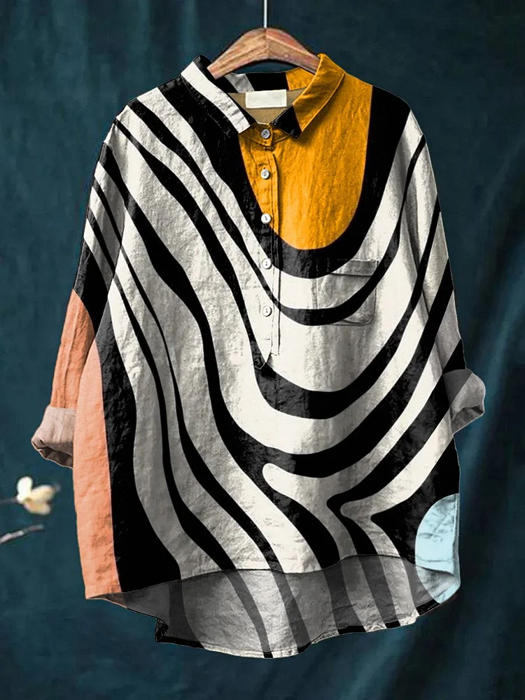 Abstract Swirl Pattern Printed Women's Casual Cotton And Linen Shirt