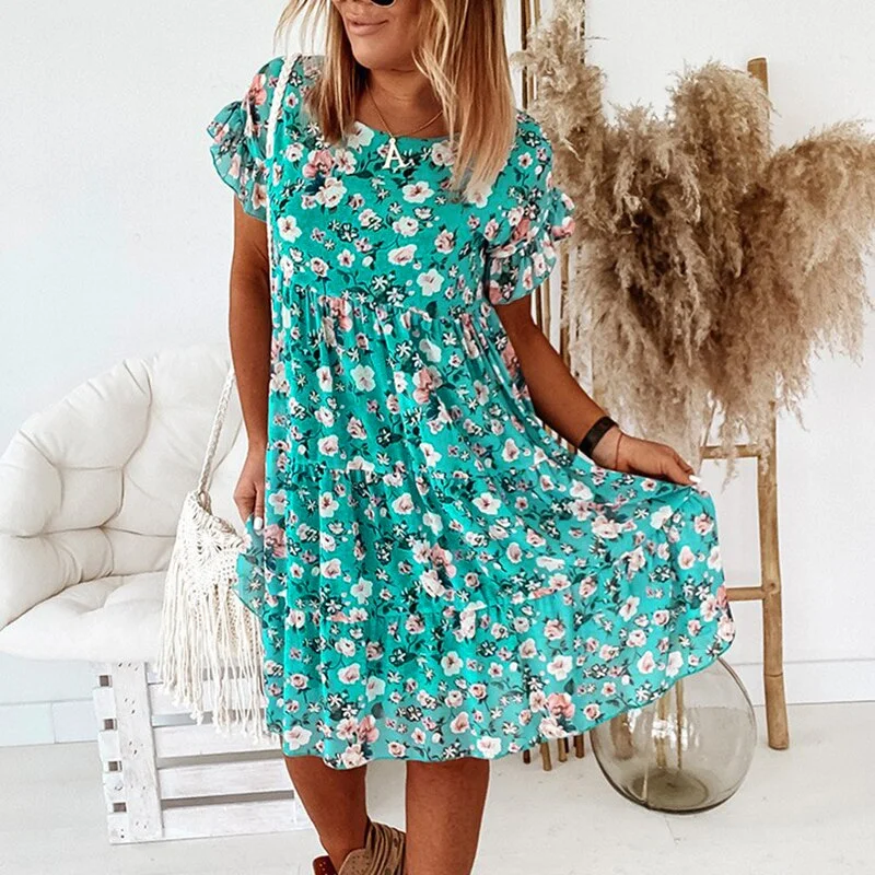 Summer Floral Boho Dress 2021 Elegant Women Bohemian Beach Short Sleeve Ruffles Dress Casual Female Mini Dresses for Women