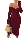 Urban Solid Color Drawstring Long Sleeves Off-The-Shoulder Midi Dress