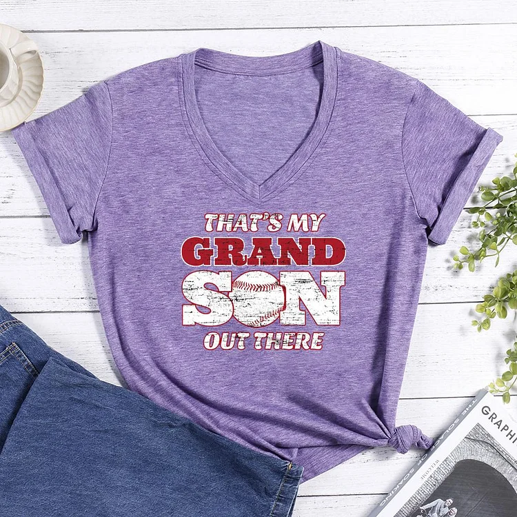 That's My Grandson Out There V-neck T Shirt-Annaletters