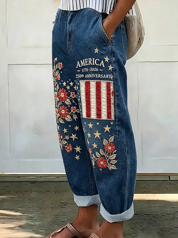 Women's 250th Anniversary Print Faux-Denim Casual Pants 