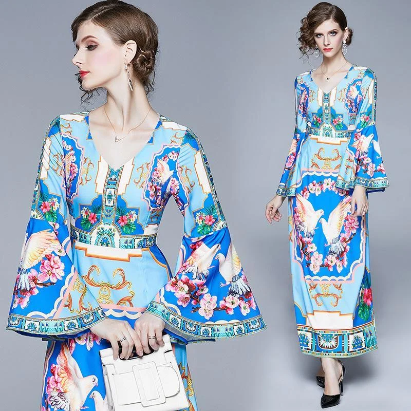 All-match fashion retro exquisite floral bird print V-neck flared sleeve dress