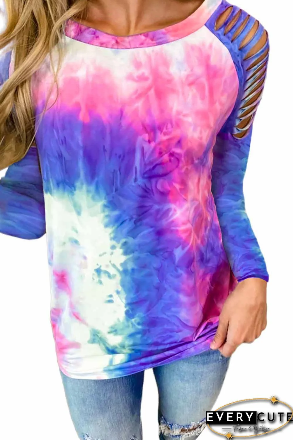 Blue Round Neck Tie-dye Hollow Out Long Sleeve Top