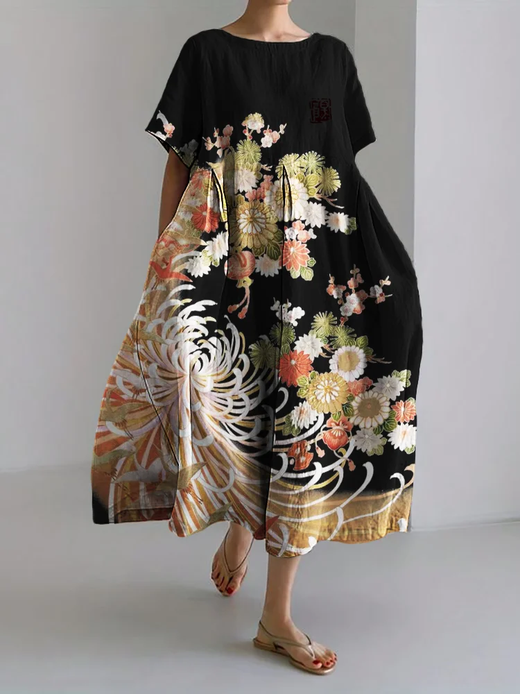 Wearshes Chrysanthemum Floral Japanese Art Linen Blend Maxi Dress