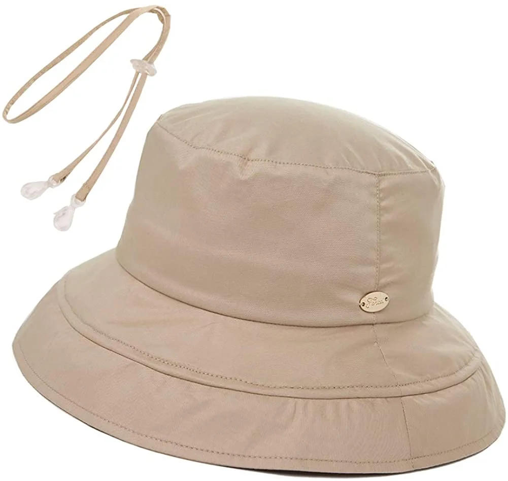 Womens UPF50 Cotton Packable Sun Hats w/Chin Cord Wide Brim Stylish