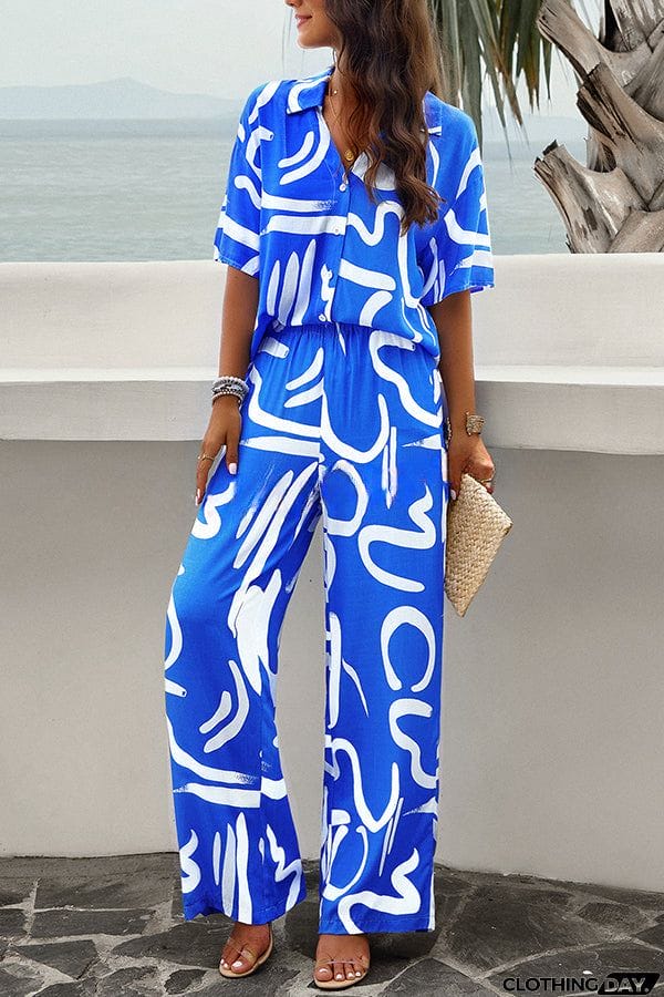 Fun Printed Button Pocket Long Sleeve Shirt and Elastic Waist Pants Set