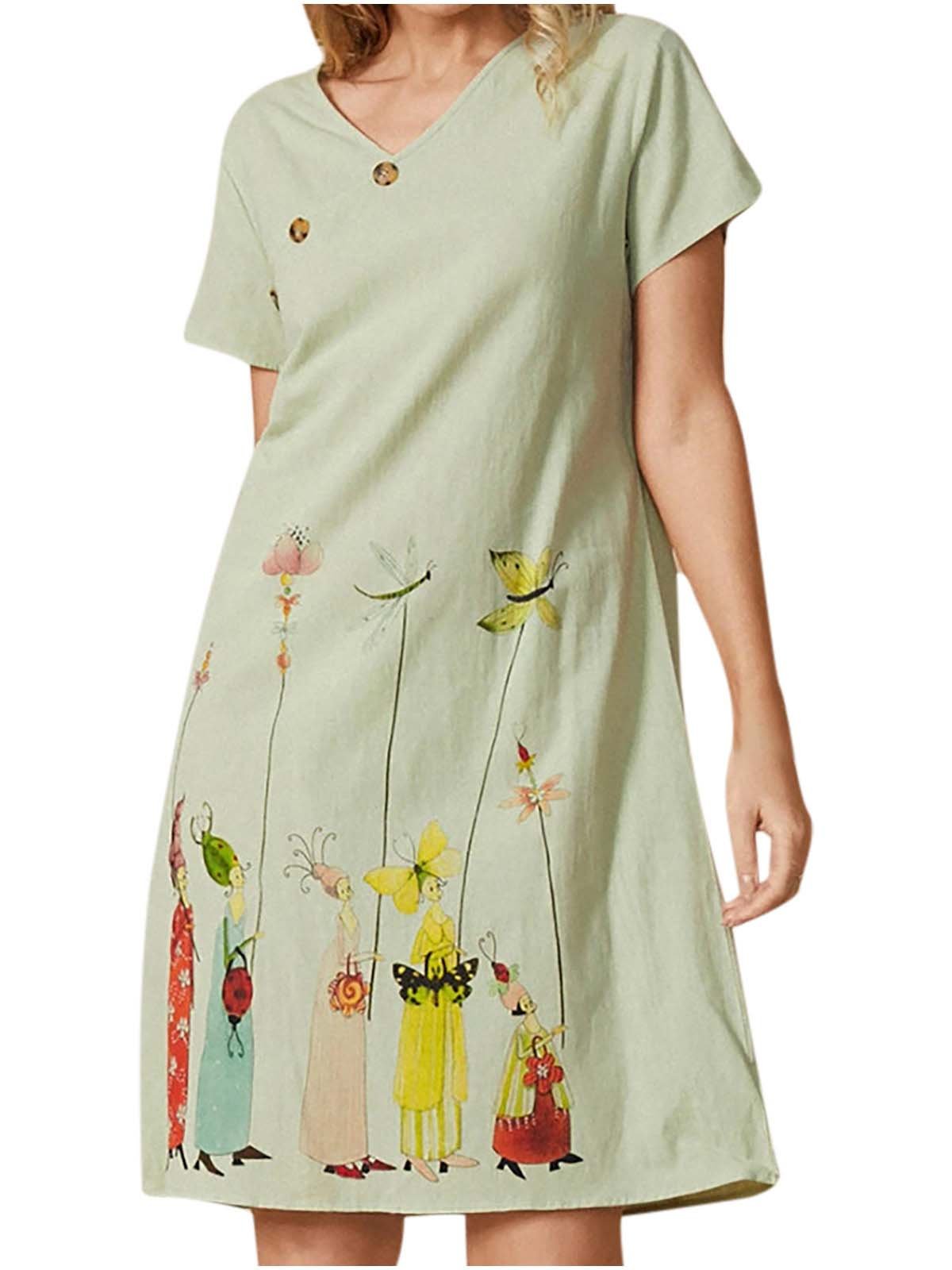 Women's Short Sleeve V-neck Printed Midi Dress