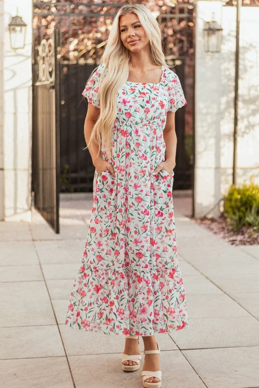 Floral Puff Sleeve Empire Waist Tiered Dress