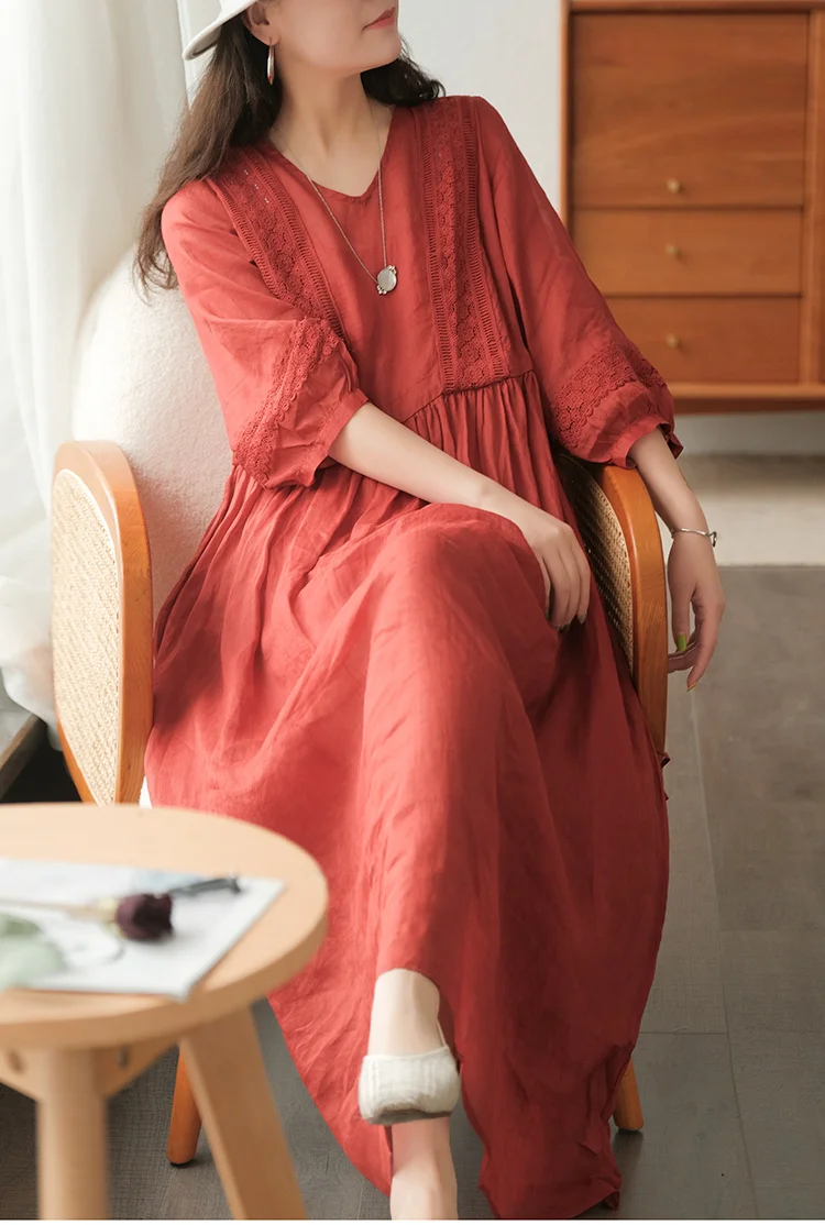 Literary Simple Seven-quarter Sleeve Lace-up Maxi Dress