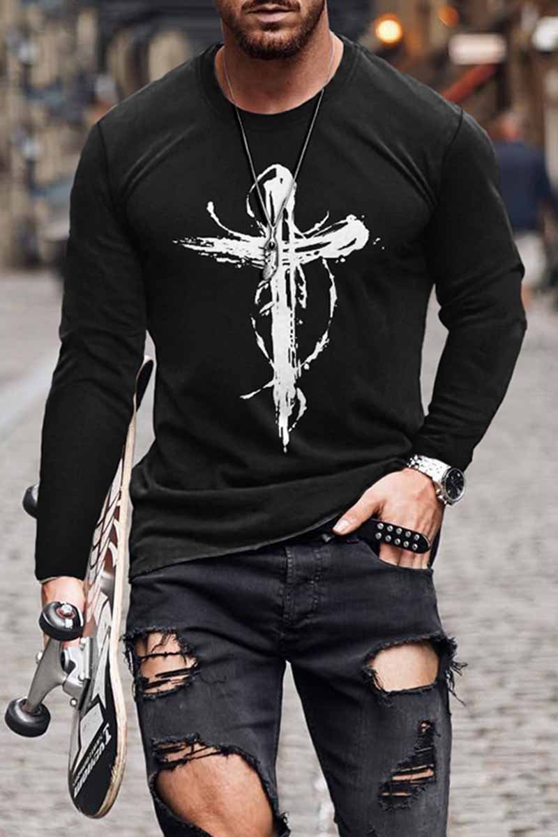 Tiboyz Men's Personality Cross Design Long Sleeve T-Shirt