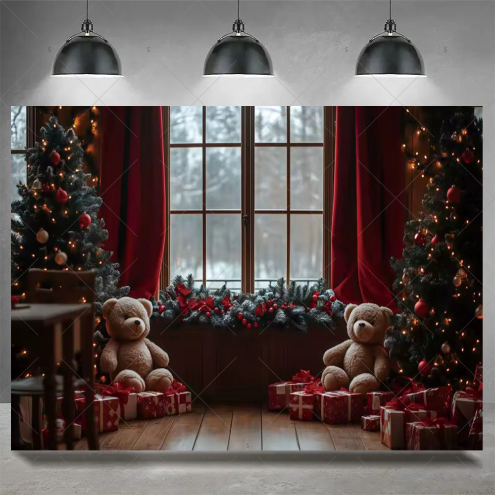 Tegooe Christmas Photography Backdrop Festive Fireplace Xmas Tree Background Banner for Holiday Party Decor Photo Booth Prop