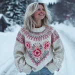 Boho Floral Knit Embroidered Art Women's Crew Neck Icelandic Sweater - Image 2
