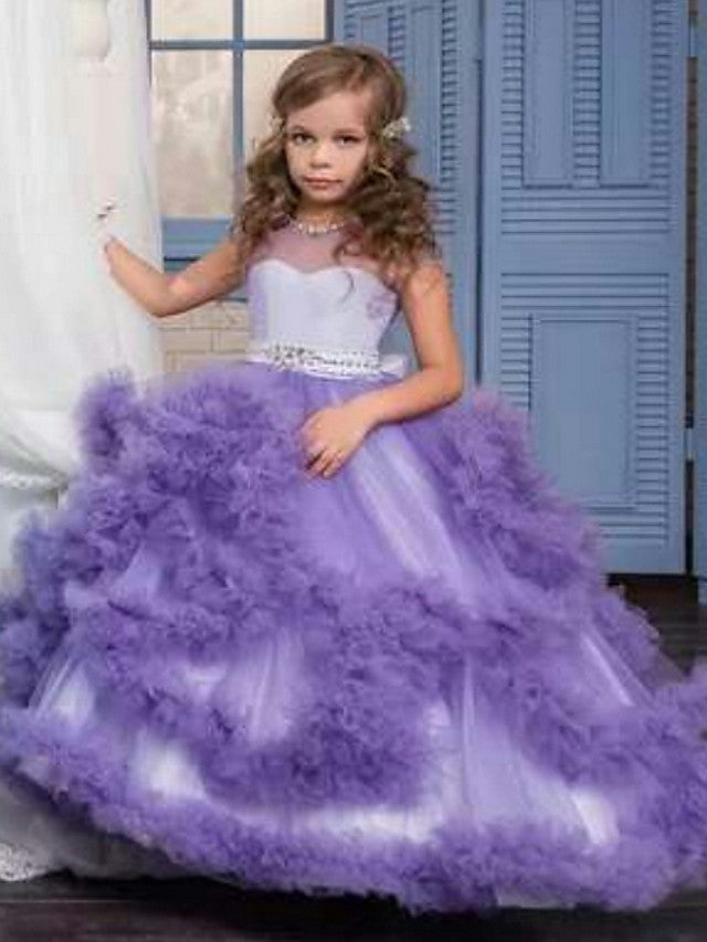 Oknass Ball Gown Sleeveless Jewel Neck Flower Girl Dresses  Tulle With Solid  Tiered