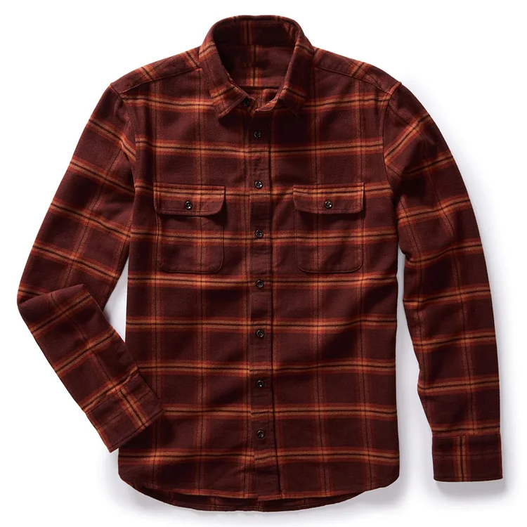 Men's 7 oz Wine Red Check Flannel Breast Pocket Shirt