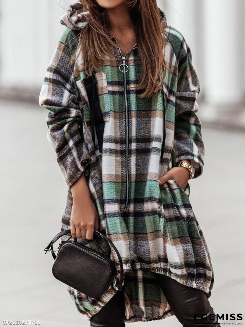 Casual Plaid Zip Long Sleeve Hooded Outerwear | EGEMISS