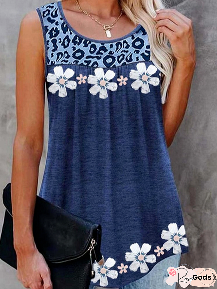 Floral Casual Cotton Blends Crew Neck Tanks & Camis