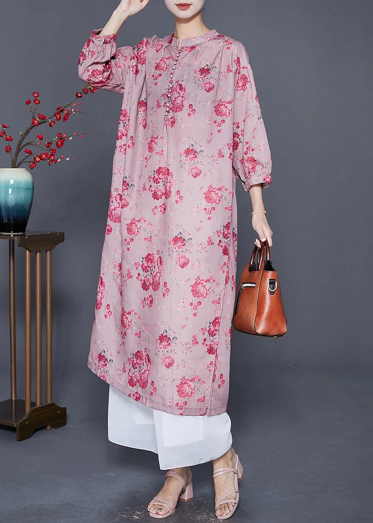 Women Pink Oversized Print Linen Maxi Dresses Bracelet Sleeve