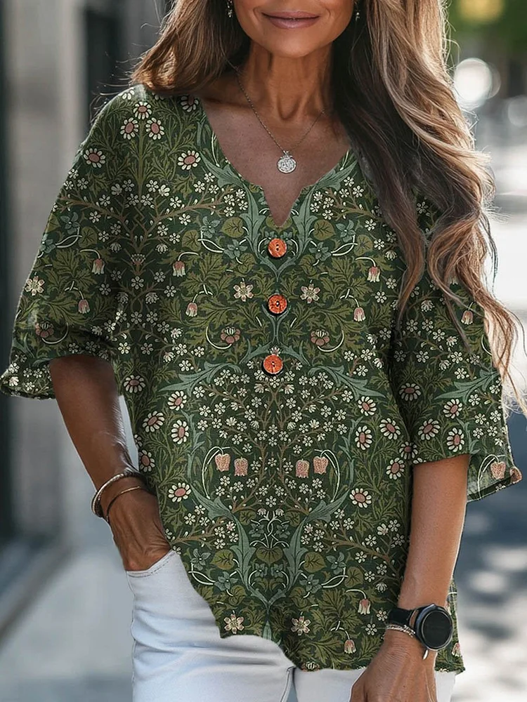Women's Vintage Lovely Floral Art Print Casual Cotton Linen V-neck Shirt