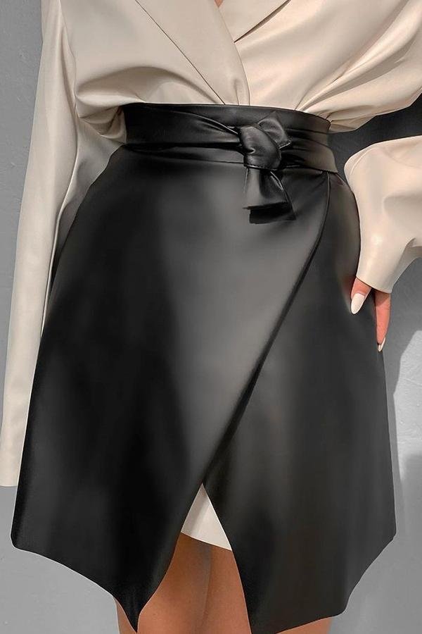 Womens Fashion Black Tie Belt Waistband Leather-skirt-female-Allyzone