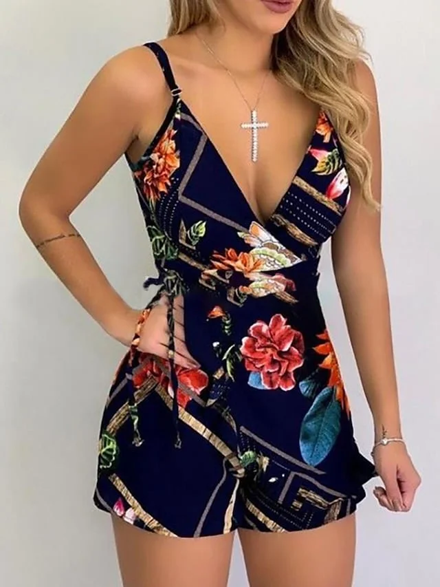 Women's Romper Backless Print Floral V Neck Casual Street Holiday Regular Fit Spaghetti Strap Yellow Navy Blue Blue S M L Spring | IFYHOME
