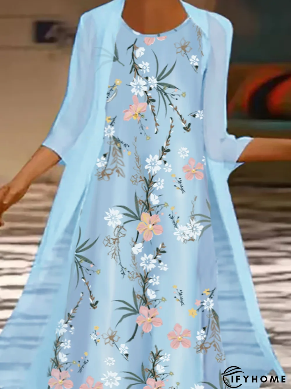 Three Quarter Sleeves Floral Printed Loosen Weaving Dress Suits | IFYHOME