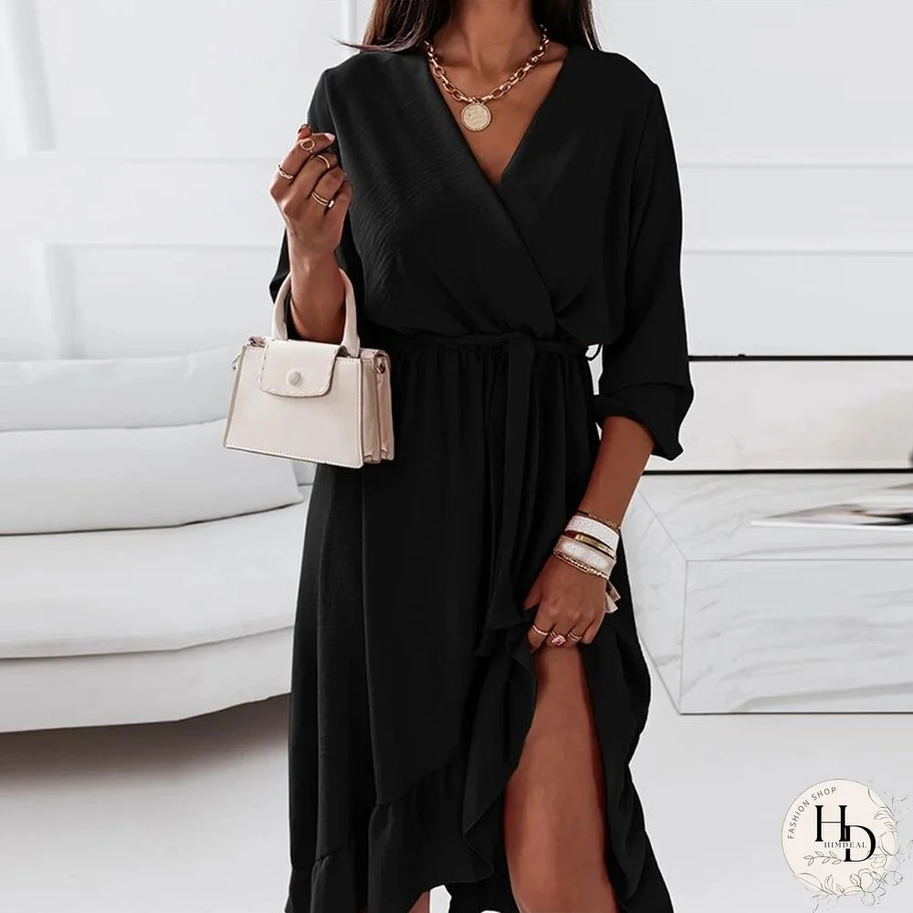 New Fashion Long Sleeve V Neck Lace-up Dress Women Casual Solid Color Irregular Ruffle Dress Lady Commuter Loose Draped Dresses