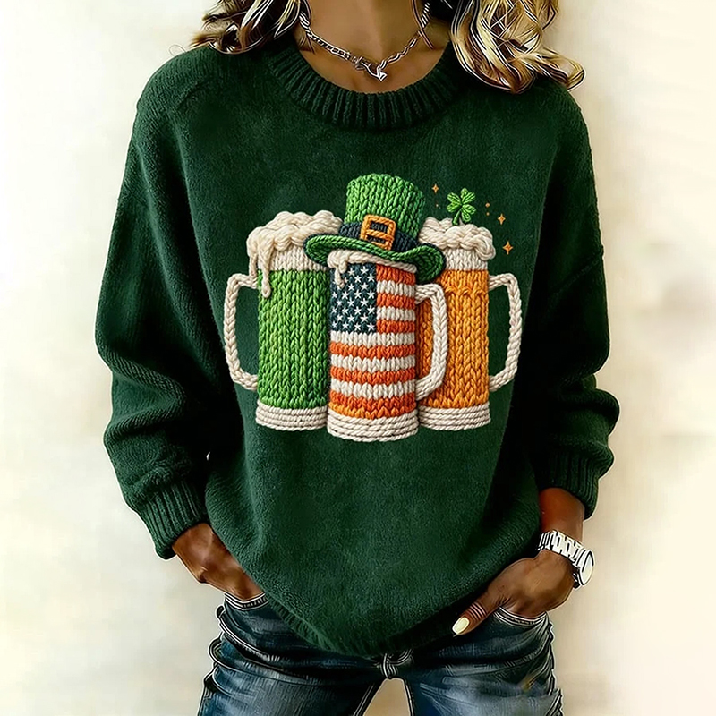 Women's St. Patrick's Day Shamrock Beer Art Printed Crew Neck Sweater wearshes