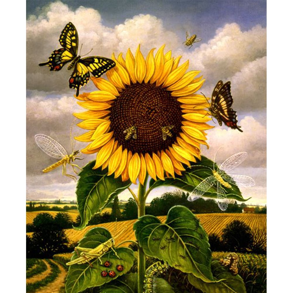 Sunflower Butterfly - Full Round - Diamond Painting