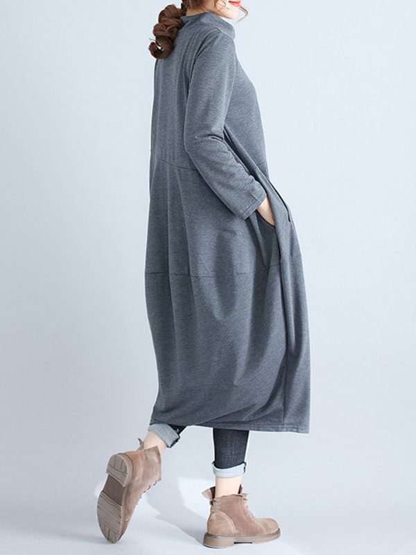 Women's Solid Cotton Hooded Dress with Full Sleeves