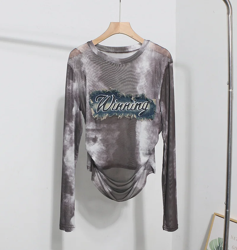 Churchf Real Shooting New Long-Sleeved Mesh Spliced Embroidered Denim Bottom T-Shirt Sun Folding Short Top 2582