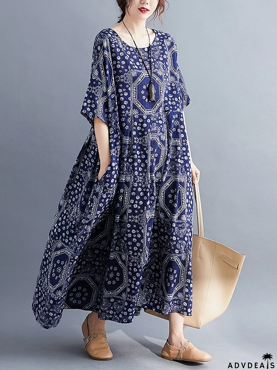 Boho Swing House Dress with Pockets in Blue Print