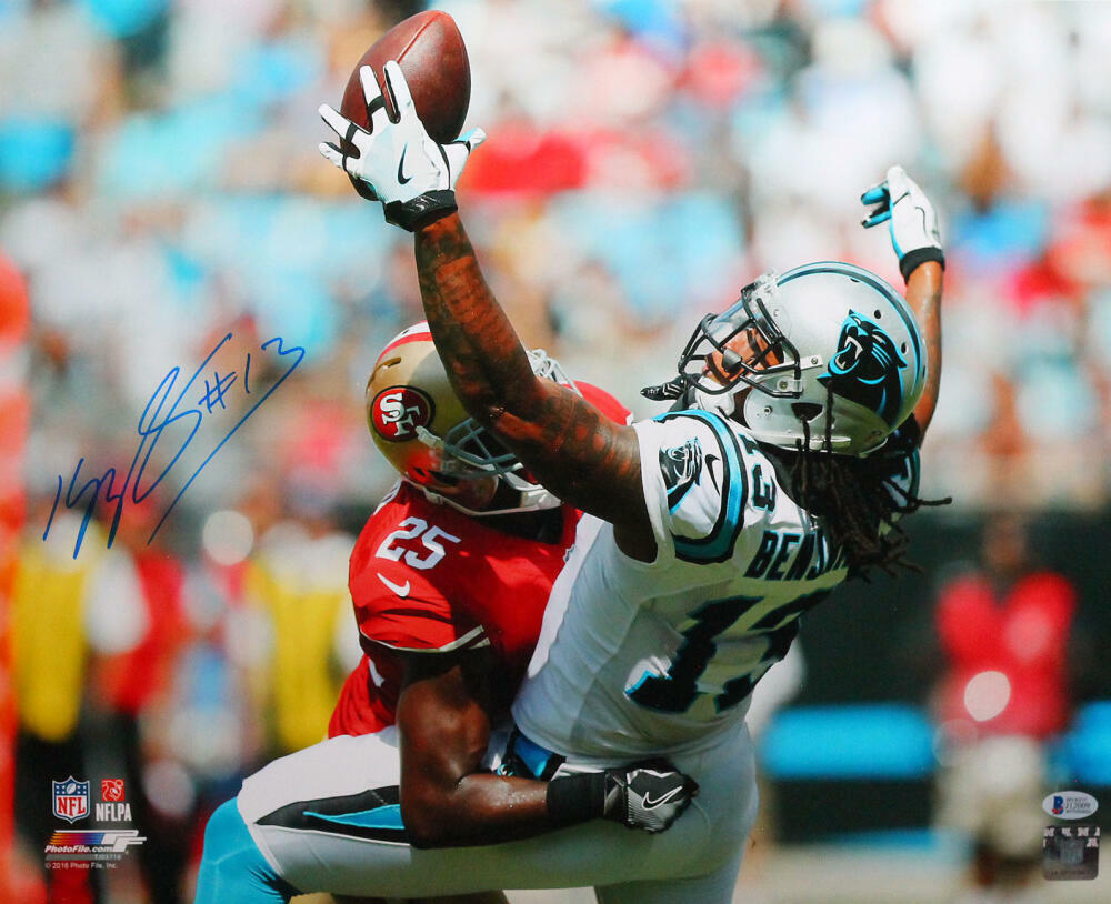 Kelvin Benjamin Signed Panthers 16x20 PF Photo Poster painting One Hand Catch- Beckett W *Blue