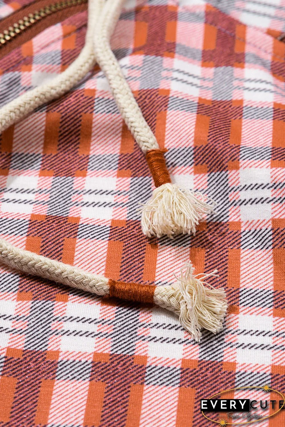 Red Cowl Neck Plaid Drawstring Hoodie with Thumb Hole