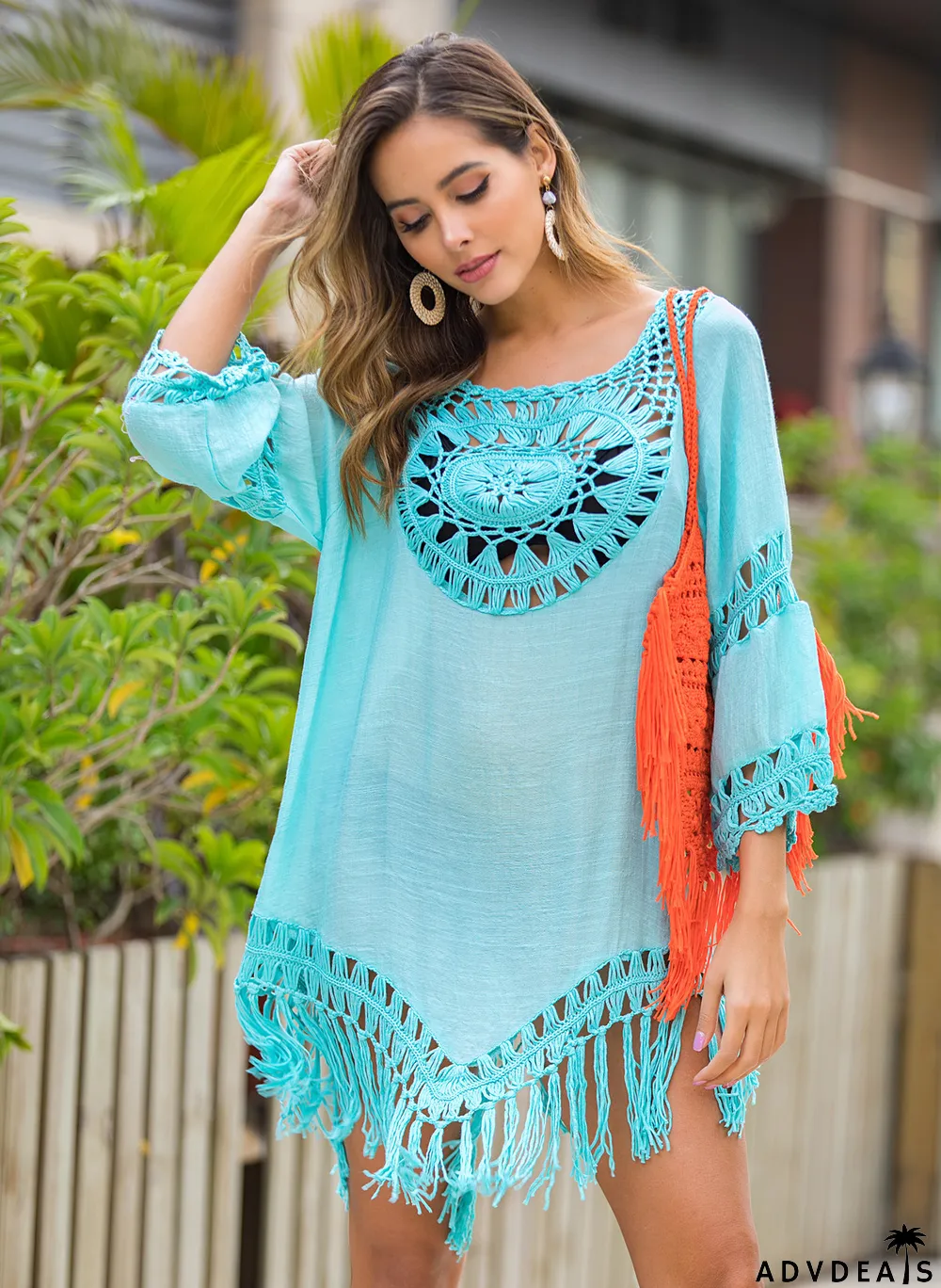 Hand Crochet Oversized Patchwork Loose Fringe Holidays-Inspired Beach Blouse