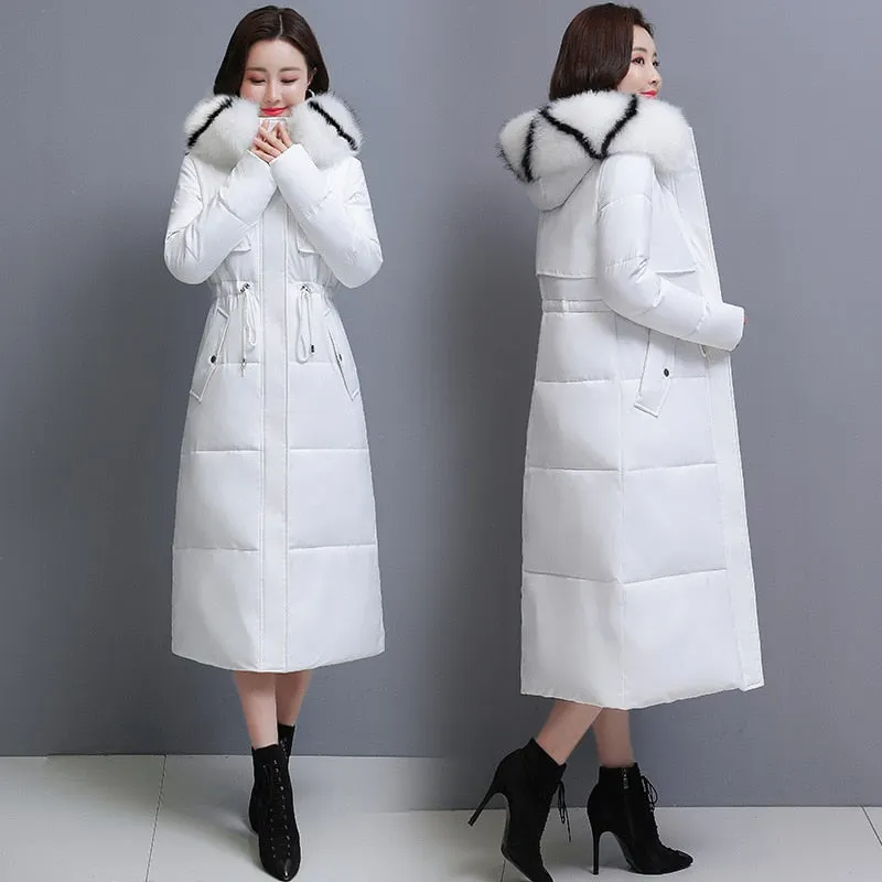 New High quality Over-knee Down Padded Jackets Large Fur collar 2021 Winter Jacket Slim Thick Women's Parka Solid Female Coats