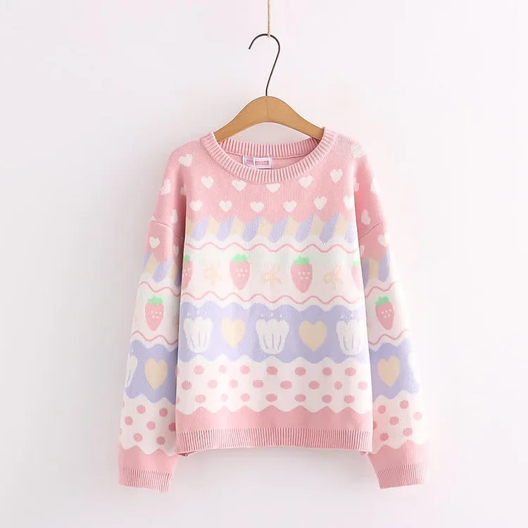 Sweet Strawberry Print Colorblock Casual Sweater - Modakawa modakawa