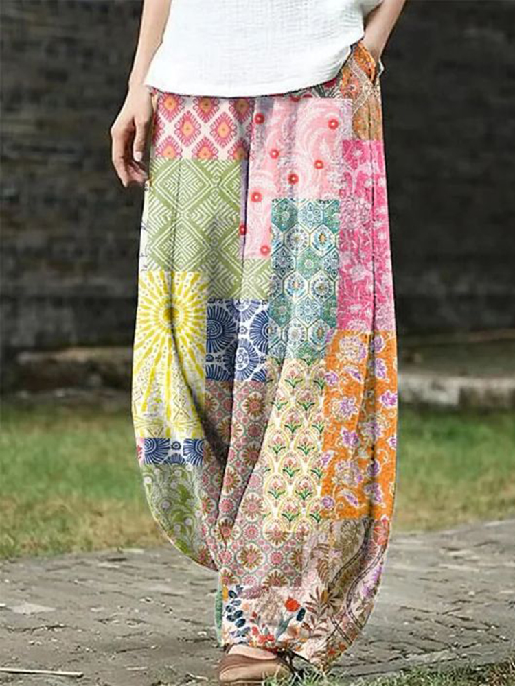 Comstylish Vintage Geometry Tribal Floral Printed Pocket Casual Pants