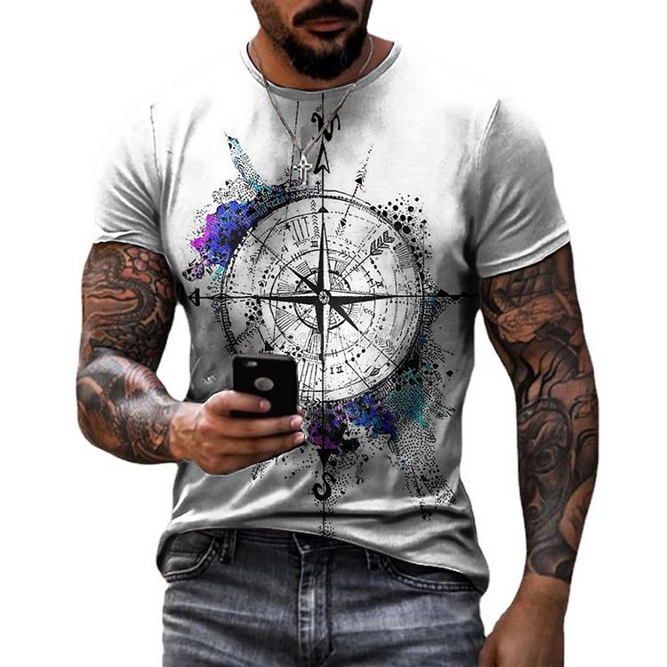 Compass Patterns Summer Crew Neck Short Sleeve Mens T-Shirts at Hiphopee