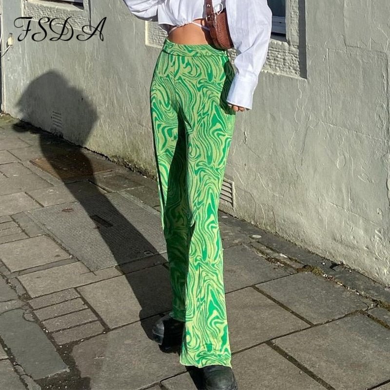 FSDA Tie Dye Print Loose Pants Women Y2K Summer 2021 Green High Waist Oversized Fashion Wide Leg Vintage Trousers Casual