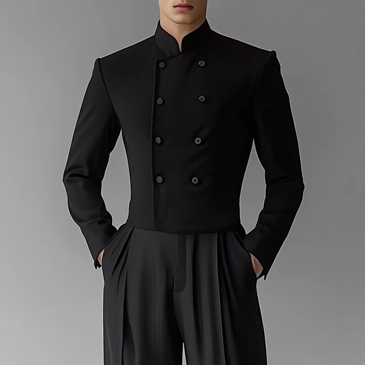 Okaywear Solid Double Breasted Long Sleeve Stand Collar Blazer 