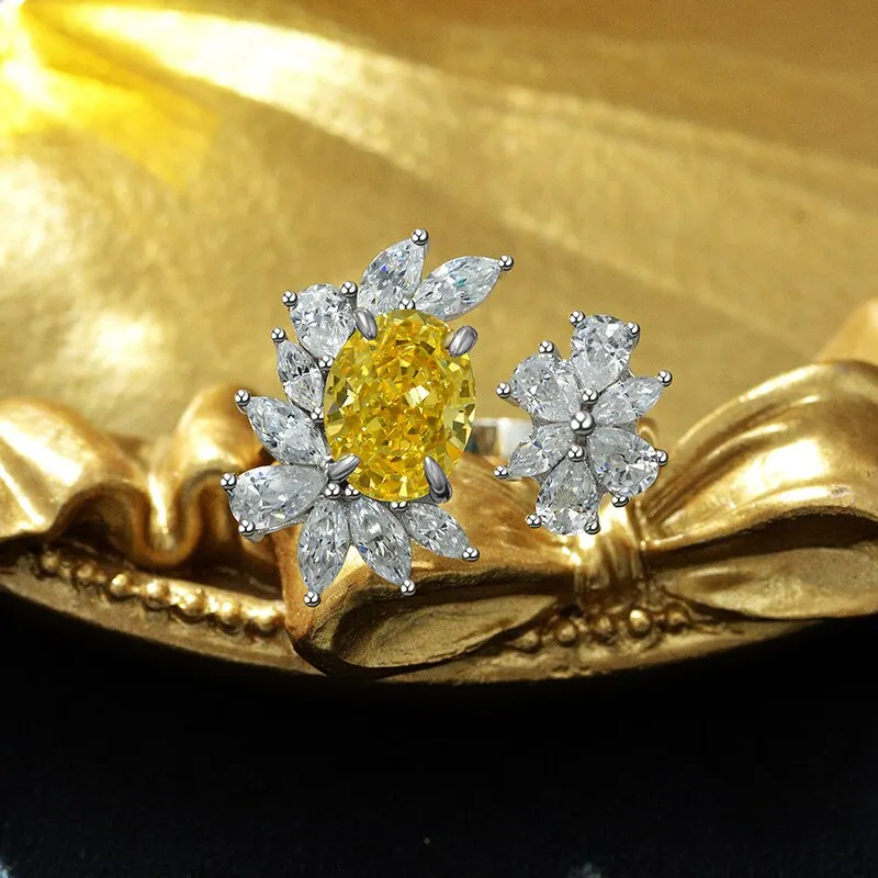 100% 925 Sterling Silver 7*9mm Oval Padma Aquamarine Yellow High Carbon Diamond Flower Rings For Women Party Fine Jewelry