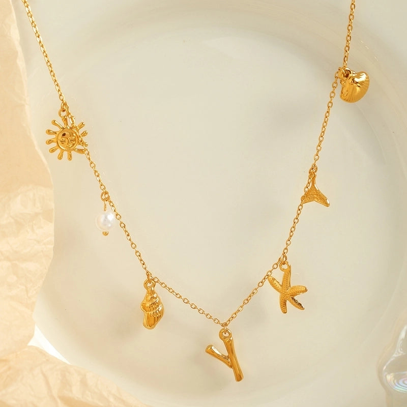 Beach Starfish 304 Stainless Steel Artificial Pearls 18K Gold Plated Polishing Inlay Pendant Necklace
