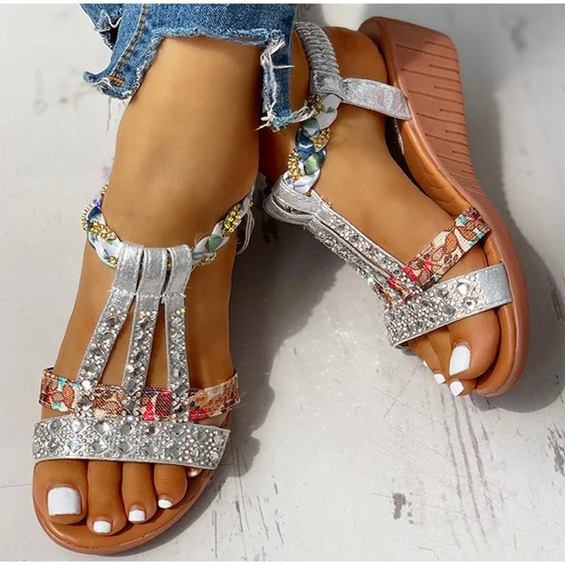 Qengg MCCKLE Women's Sandals Summer Bohemia Platform Wedges Shoes Crystal Gladiator Rome Woman Beach Shoes Casual Elastic Band Female