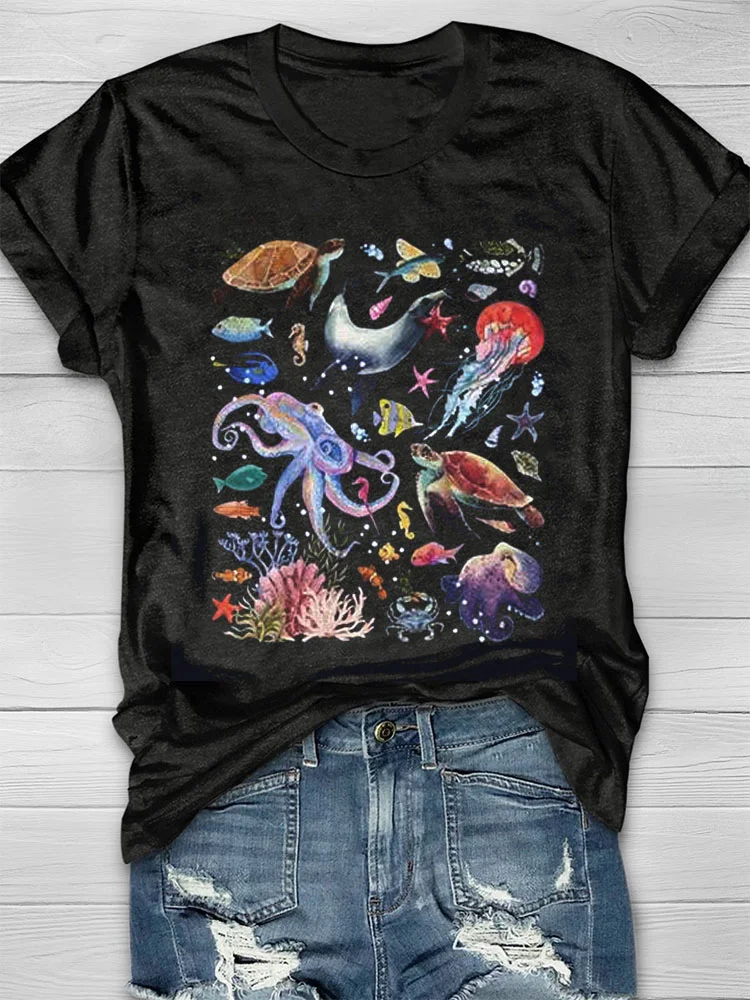 Eagerlys  Watercolor Sea Creatures T-shirt Eagerlys