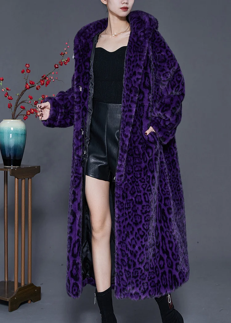 Modern Purple Oversized Print Faux Fur Coat Spring