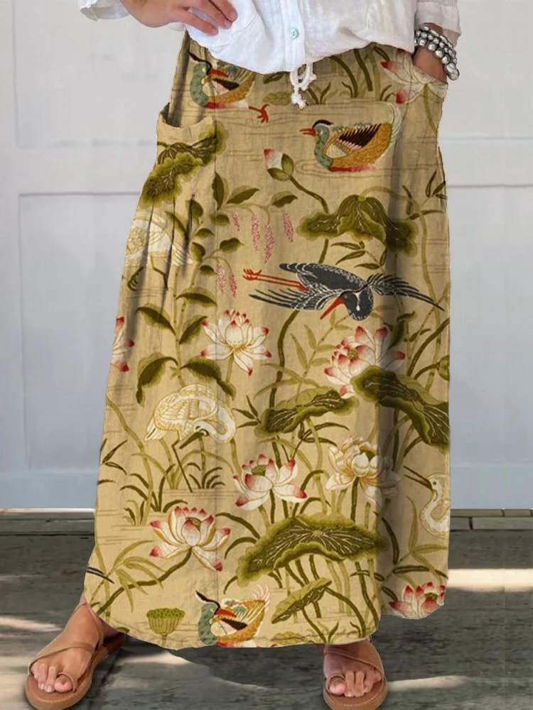 Elegant Ink Painting Lotus Flowers And Leaves Printed Women's Casual Cotton And Linen
